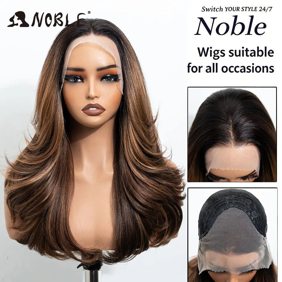 NOBLE 13x4 Synthetic Lace Front Wig 30 Inch Dark Brown Layered Fluffy Wavy Wig Pre Plucked Hairline Heat Resistant Wig For Wome