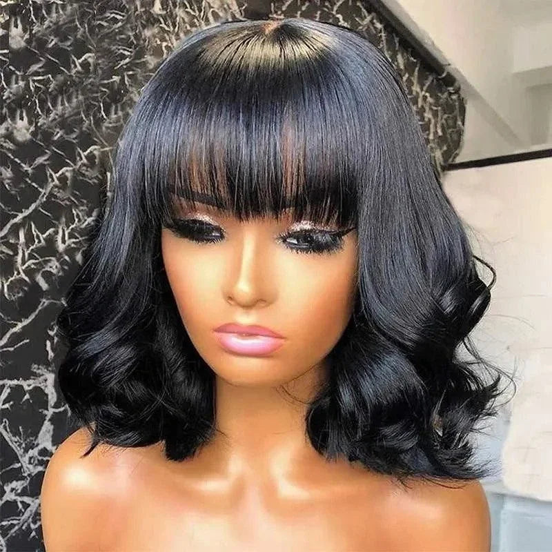 Natural wavy human hair wig with bangs, loose curls, and none lace front, Brazilian Remy hair for women, daily wear.