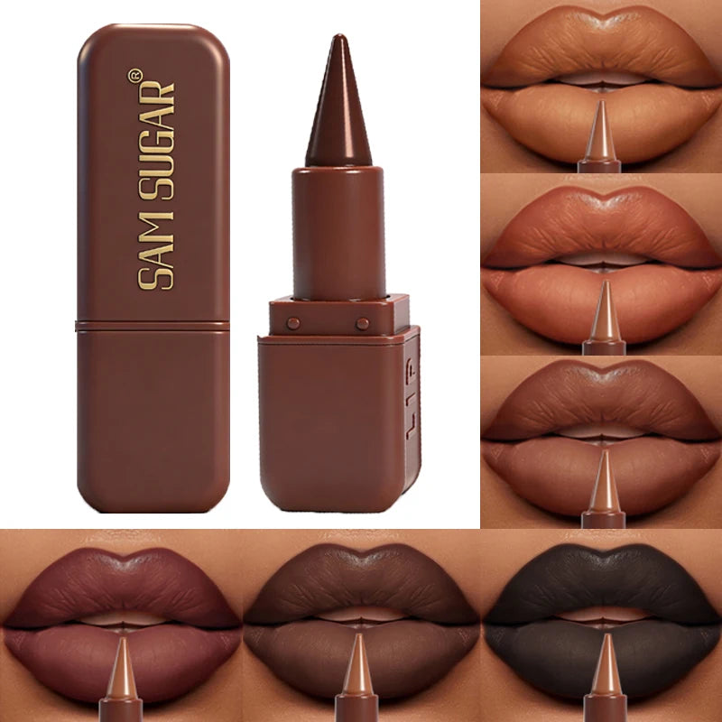 Dark matte lipstick and waterproof lip liner in black and brown shades, perfect for gothic Halloween lips makeup.