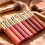 HSF Marketplace matte lipstick with moisturizing, non-stick formula and natural makeup finish, displayed with a powder blusher.