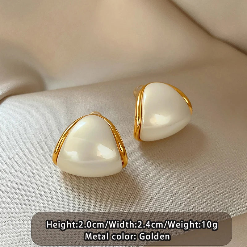 Minimalist triangle imitation pearl earrings, gold-plated border and white studs for women by HSF Marketplace