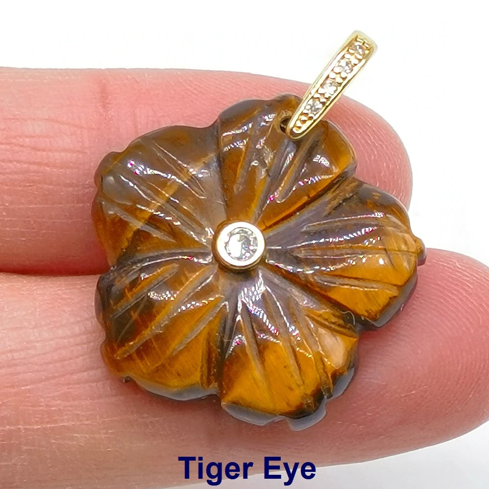26mm Flower Shape Carved Natural Crystal Stones Amethyst Rose Quartz Tiger Eye Gemstone for Diy Necklace Pendant