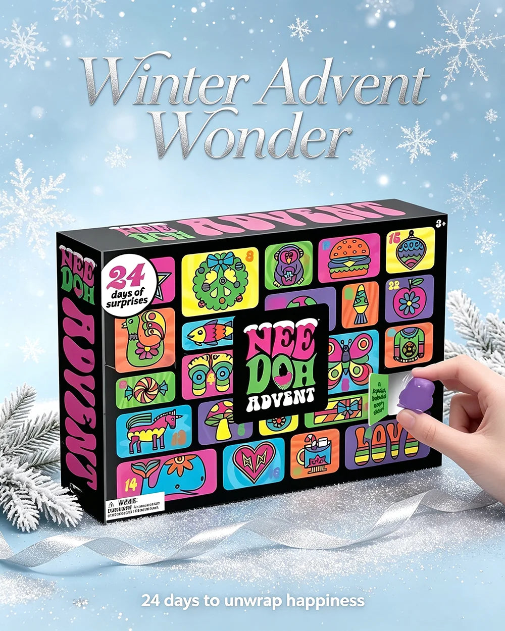 Hot Needoh Advent Calendar by HSF Marketplace featuring 24 surprise squishy sensory toys for stress relief and family fun.