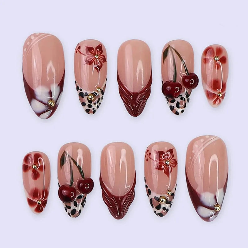 24-piece pink flower almond press-on false nails with kawaii floral design, wearable stick-on nail tips