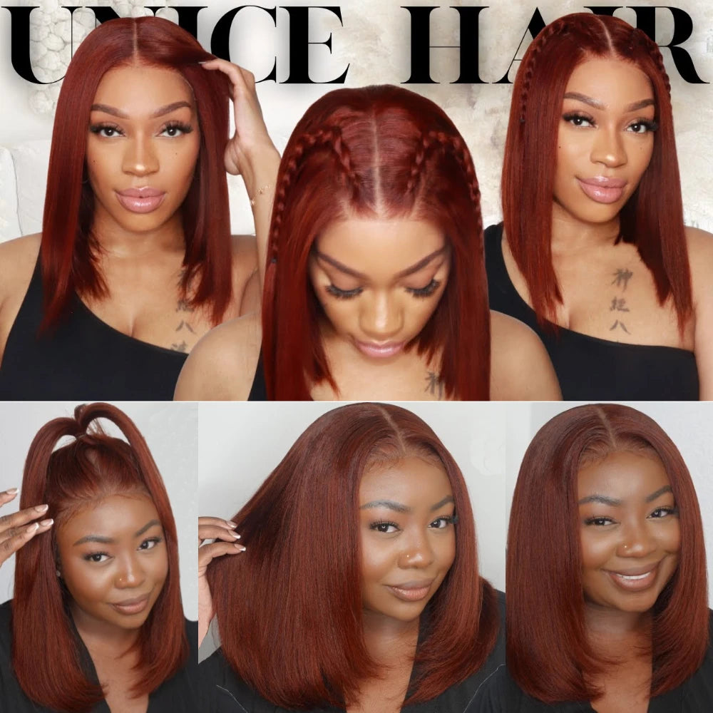 UNice Hair Reddish Brown Yaki Straight Bob Wig Human Hair 7x5 Lace No Slip Ready To Wear Glueless Wig