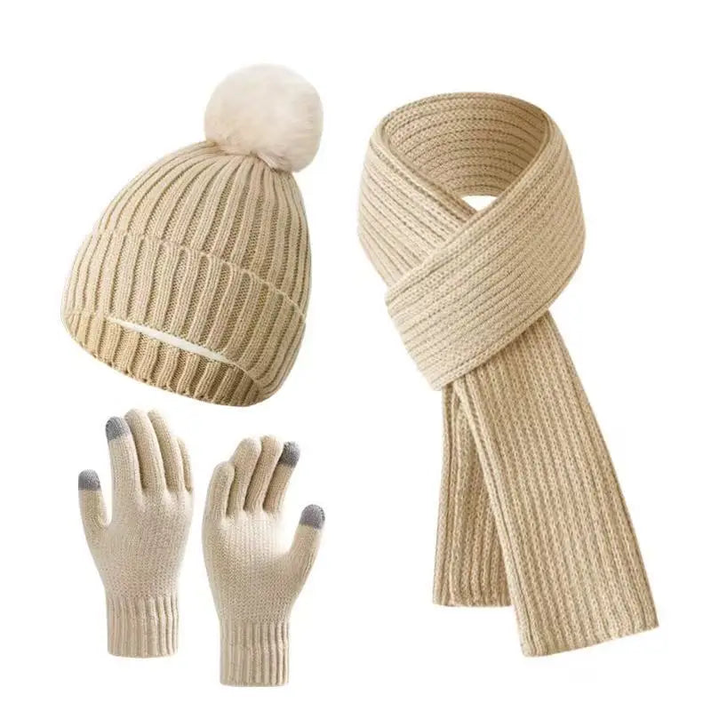 Warm knitted plush gloves, hats, and scarves set by HSF Marketplace for winter wear