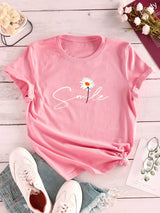 Women's casual short sleeve t-shirt with flower and letter print by HSF Marketplace
