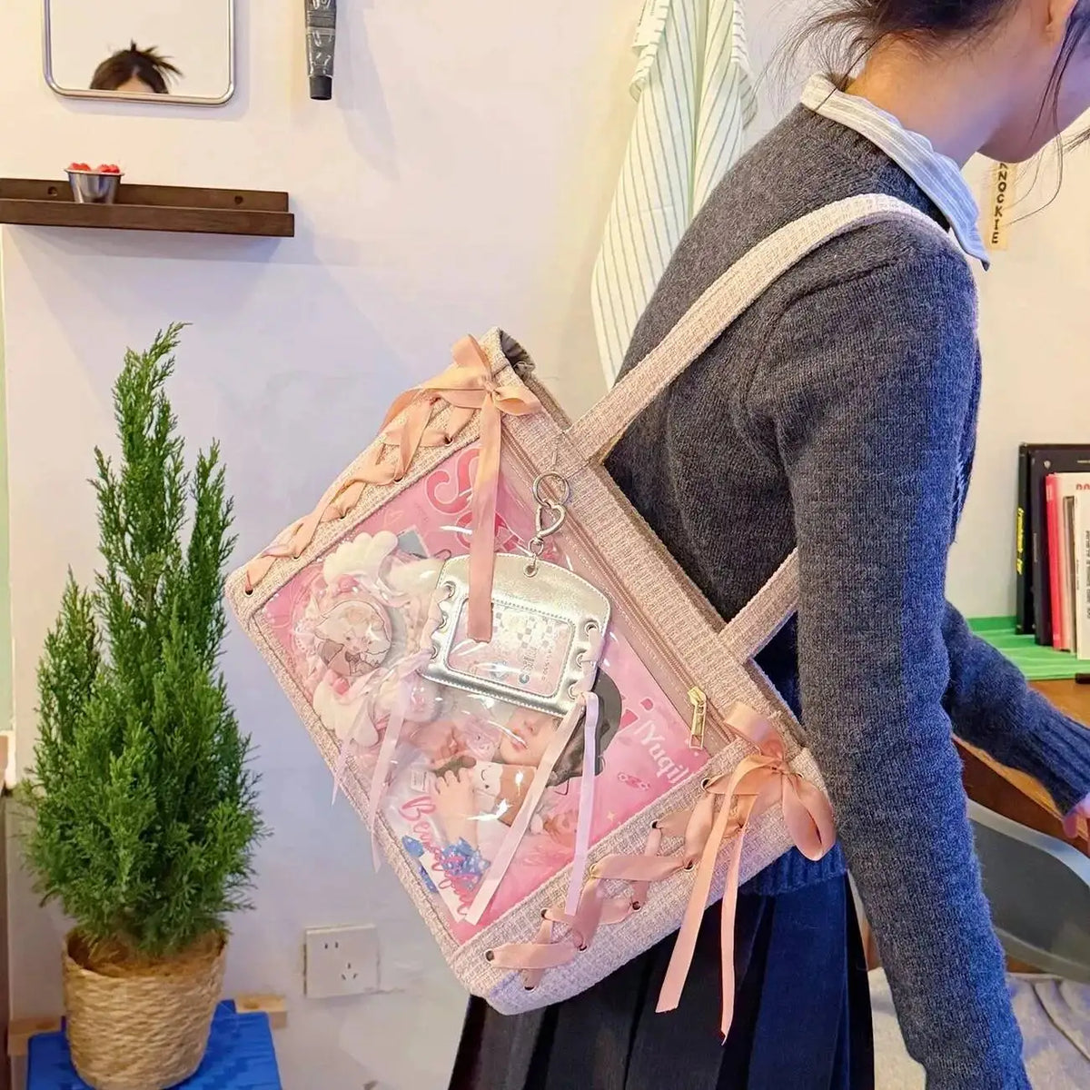 Transparent Y2K Japanese Ita Bag by HSF Marketplace, large capacity casual tote with crossbody style and lolita-inspired design.