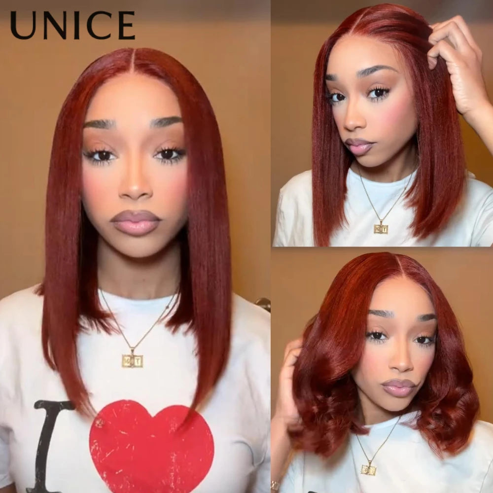 UNice Hair Reddish Brown Yaki Straight Bob Wig Human Hair 7x5 Lace No Slip Ready To Wear Glueless Wig