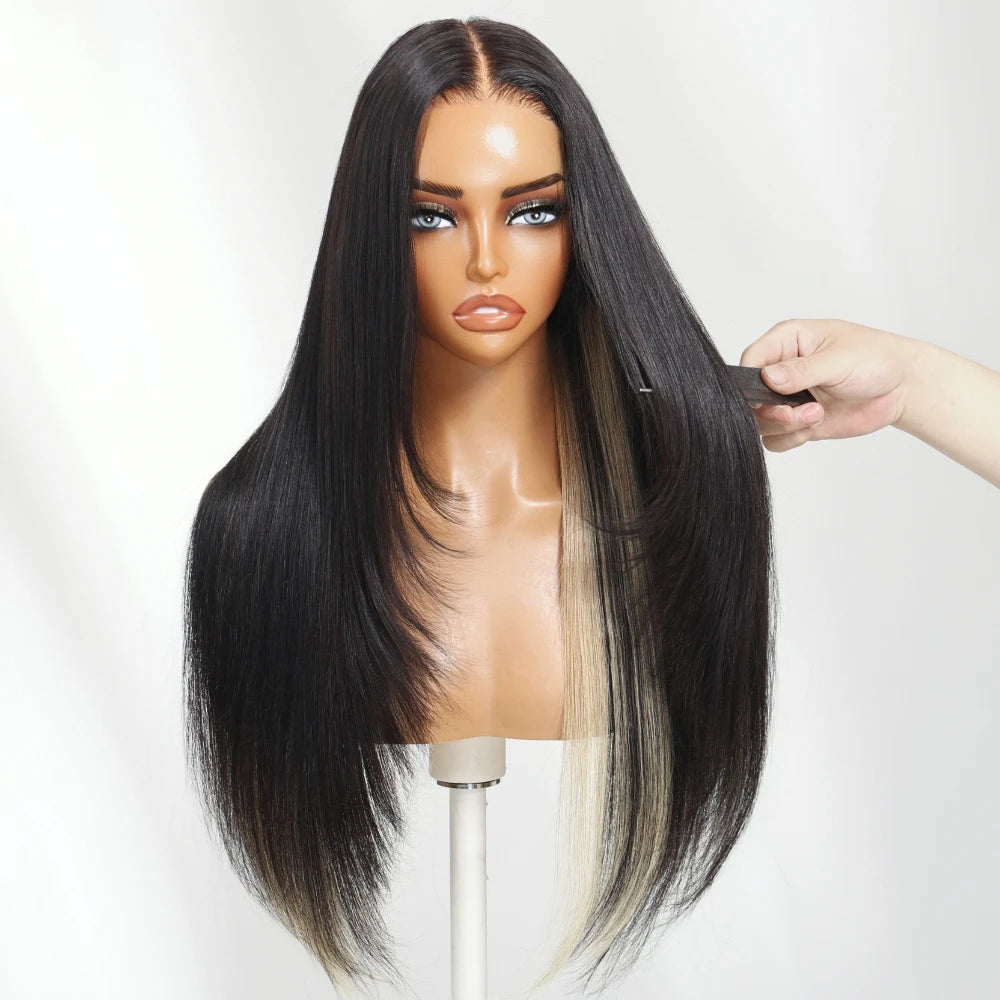 Layered straight human hair wig with blonde underlayer by HSF Marketplace