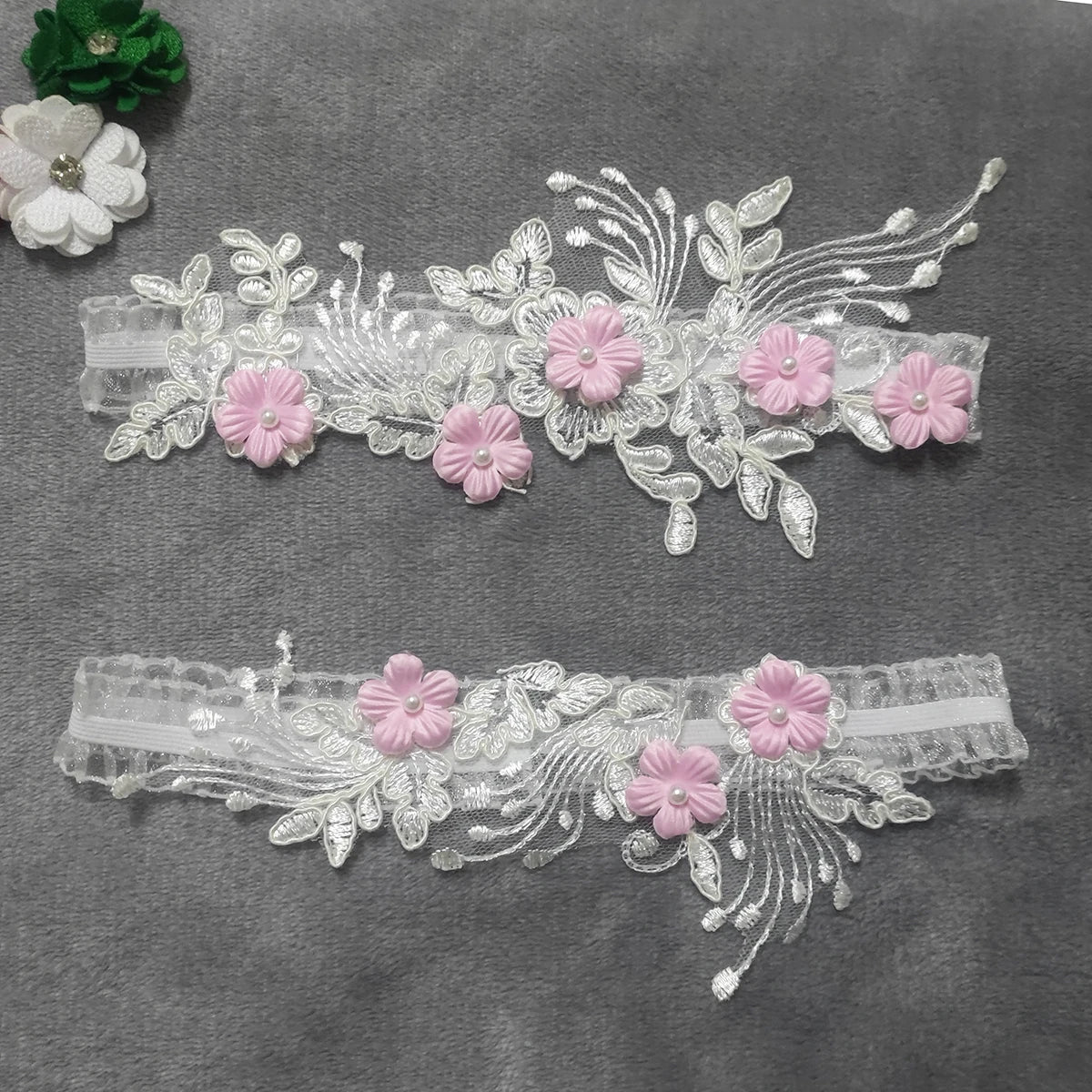 2-piece embroidered bridal garter thigh belts with pearl flower details and elastic leg loops, HSF Marketplace