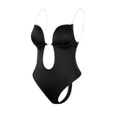 Women's deep V-neck push-up body shapewear bodysuit with thong bottom and U-shaped low back
