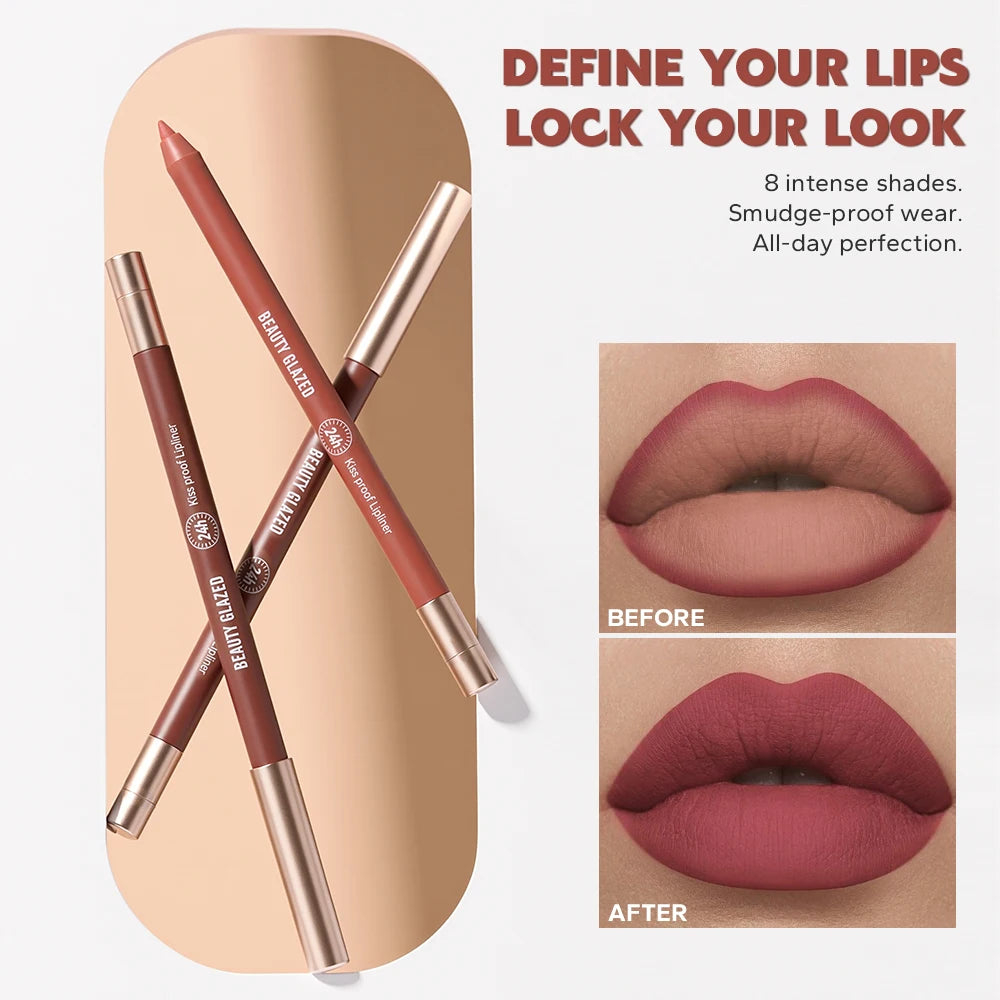 HSF Marketplace 8-color matte velvet lip liner pencil with waterproof, long-lasting, non-sticky finish, perfect for precise lip definition.