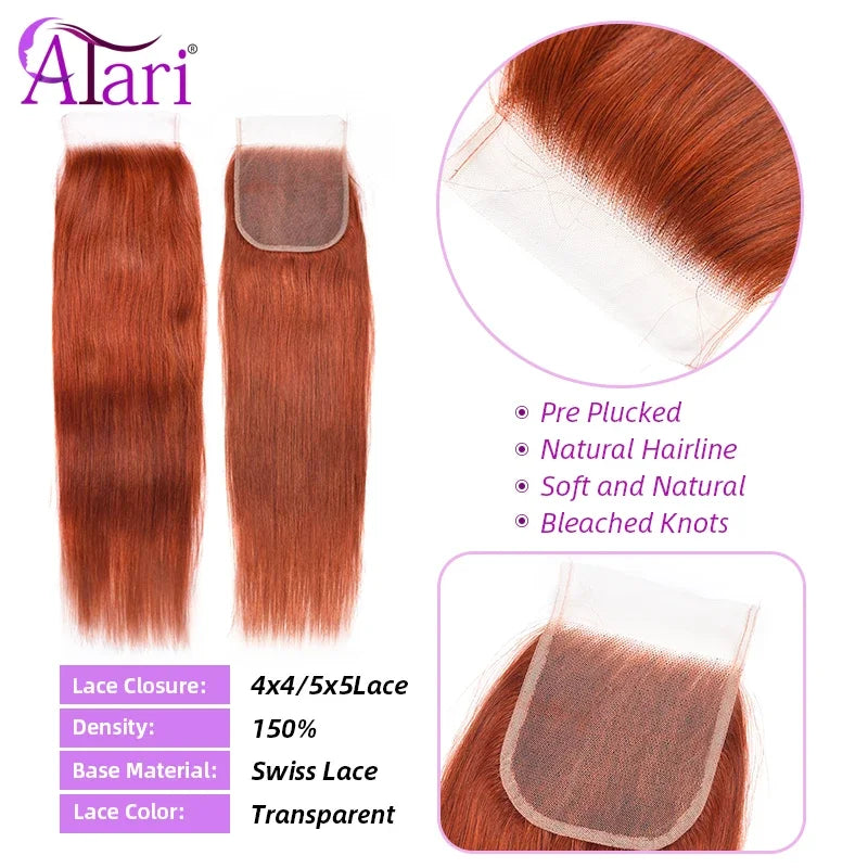 Ginger Orange Colored Straight Bundles with Closure Brazilian 5x5 4x4 Lace Closure Bundles with Closure Transparent Lace Hair
