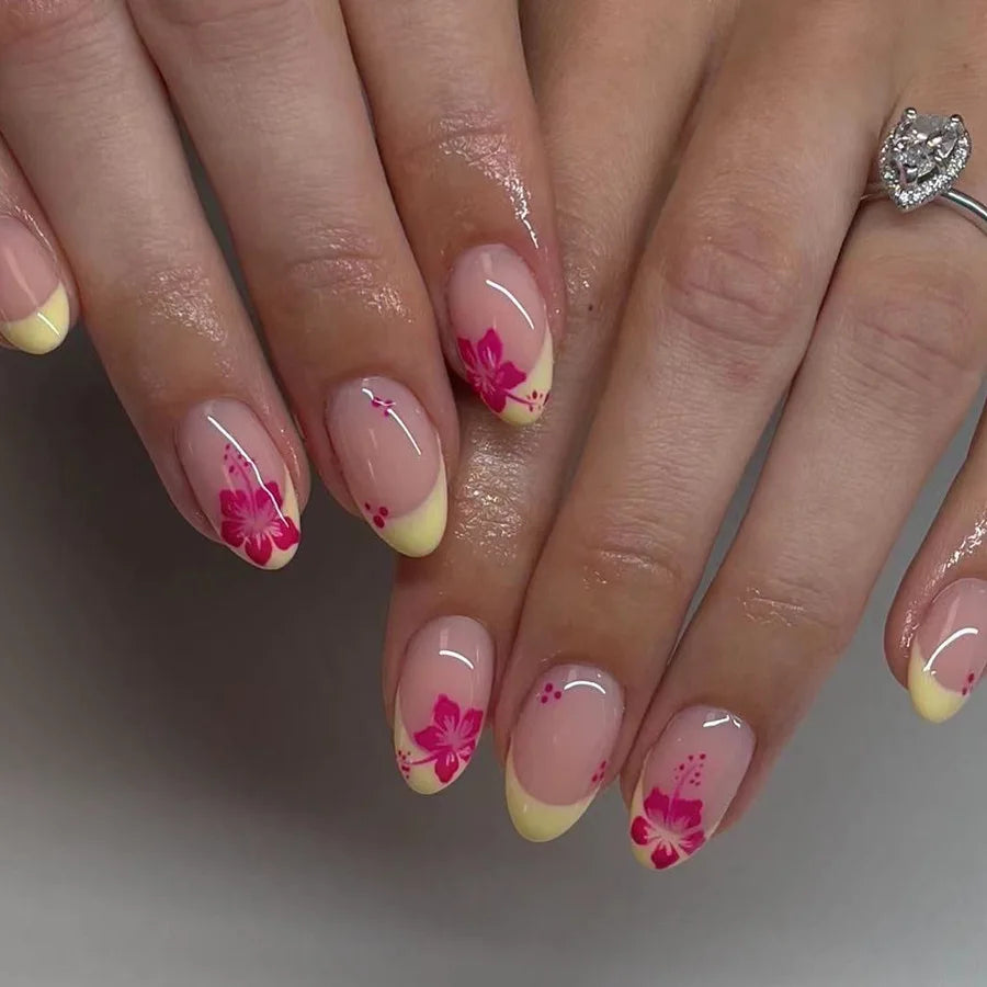 HSF Marketplace 24-piece short almond press-on nails with pink floral French tips, glossy full-cover finish