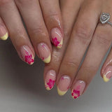 HSF Marketplace 24-piece short almond press-on nails with pink floral French tips, glossy full-cover finish