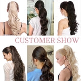 Brazilian human hair body wave drawstring ponytail in natural Remy hair, wrap-around style, 14-24 inches