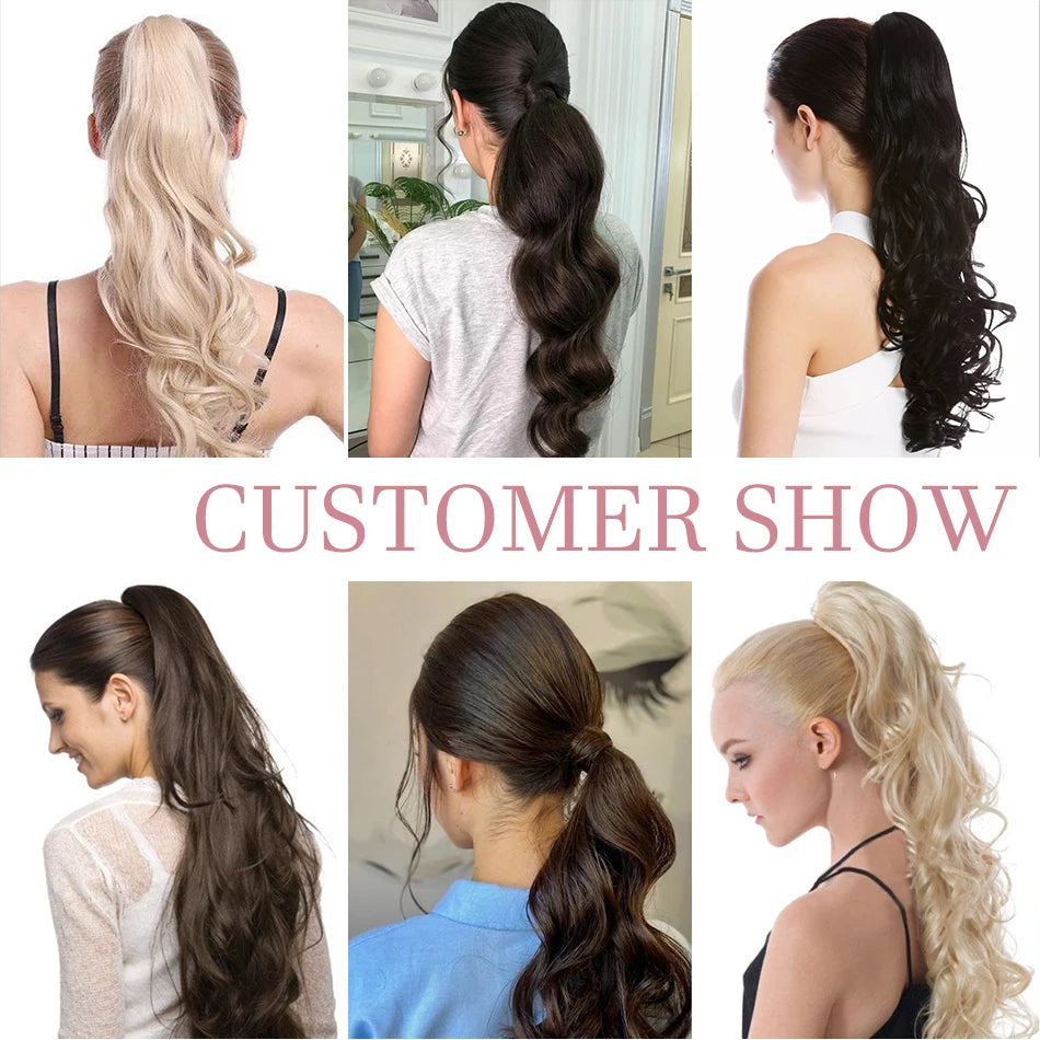 Brazilian human hair body wave drawstring ponytail in natural Remy hair, wrap-around style, 14-24 inches