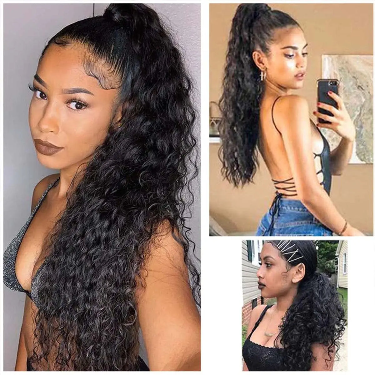 Straight unprocessed Brazilian human hair drawstring ponytail extensions for Black women
