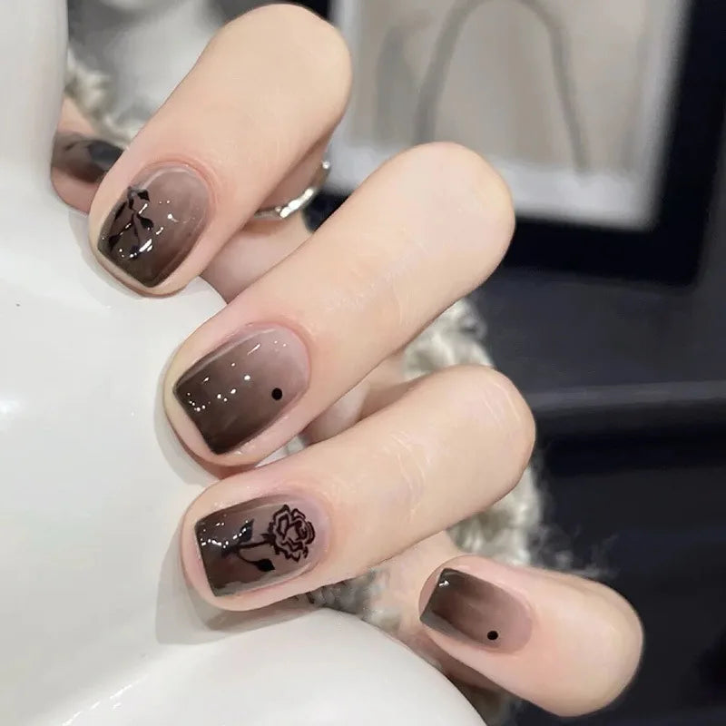 24-piece cute girly short square false nails with white French tips, glitter stars, rhinestones, bows and cat-eye design