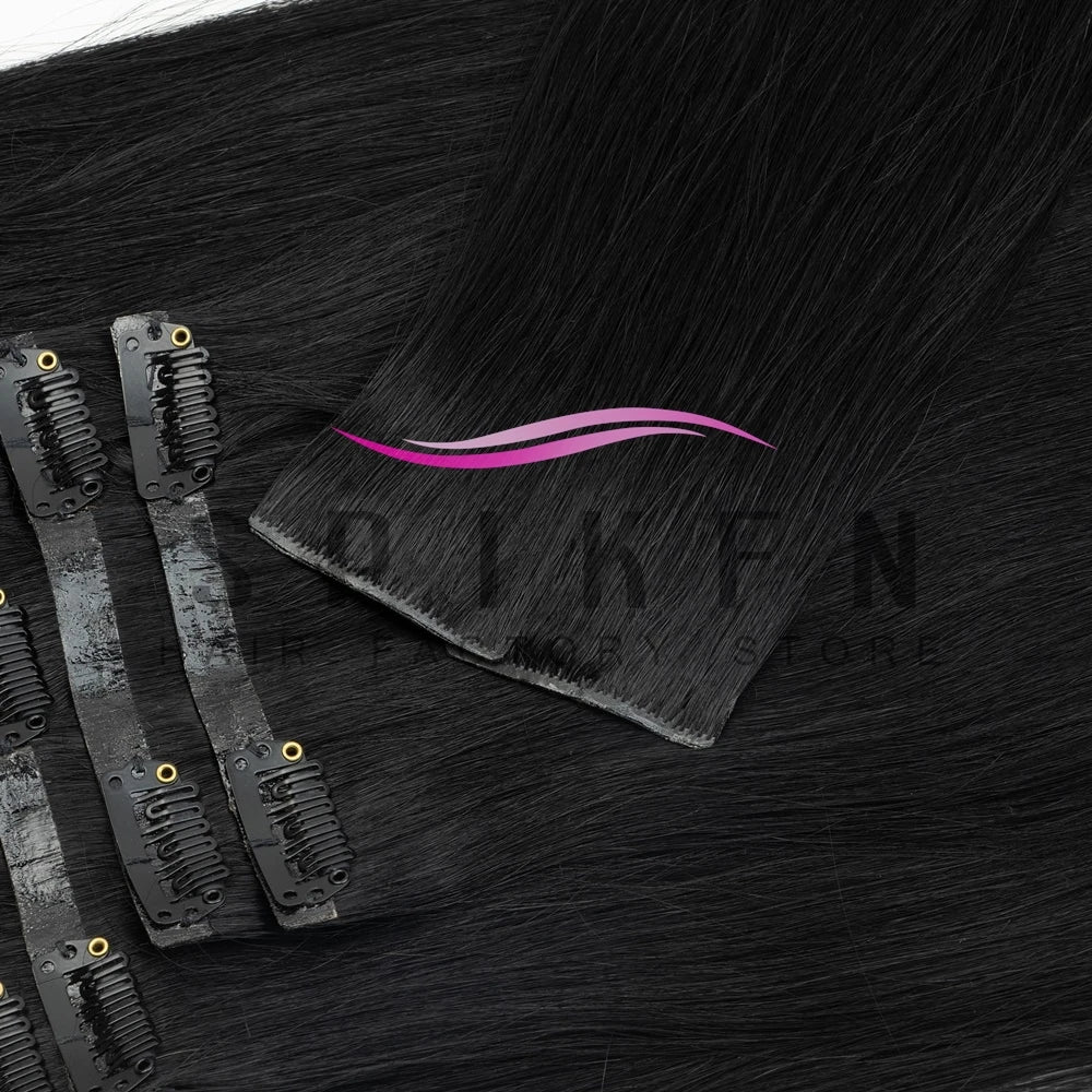 Chocolate brown straight PU clip-in human hair extensions, 7-piece set, 100–120g Remy hair pieces