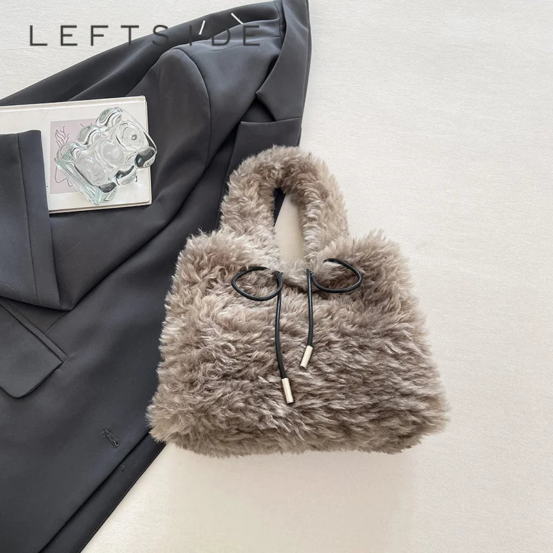 Leftside 2026 winter faux fur small tote bag with curly fluffy fur, drawstring top handle, shoulder bag for women, handbag and purse