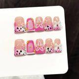 10pcs short duck bill press-on false nails with pink French tips, 3D butterfly flowers, pearls, hearts, and rhinestones