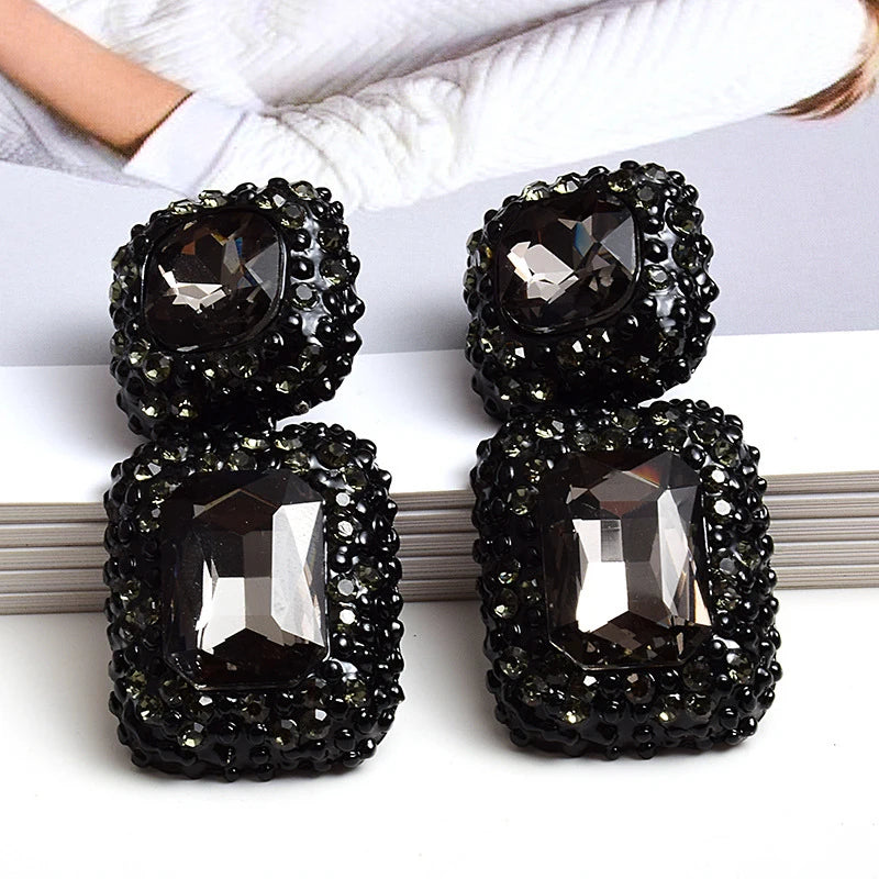 Vintage Costume Jewelry Party Accessories Gunblack Chunky Gray Black Crystal Rhinestone Square Statement Earrings for Women