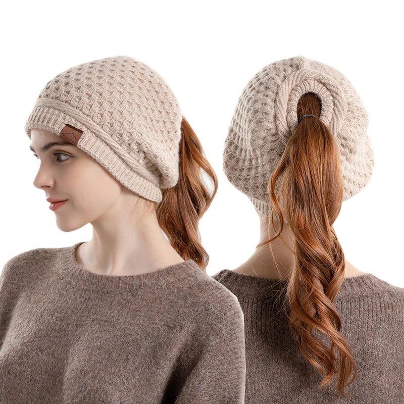 Women's HSF Marketplace beanie with ponytail hole, ear flaps, and fleece lining in slouchy winter style