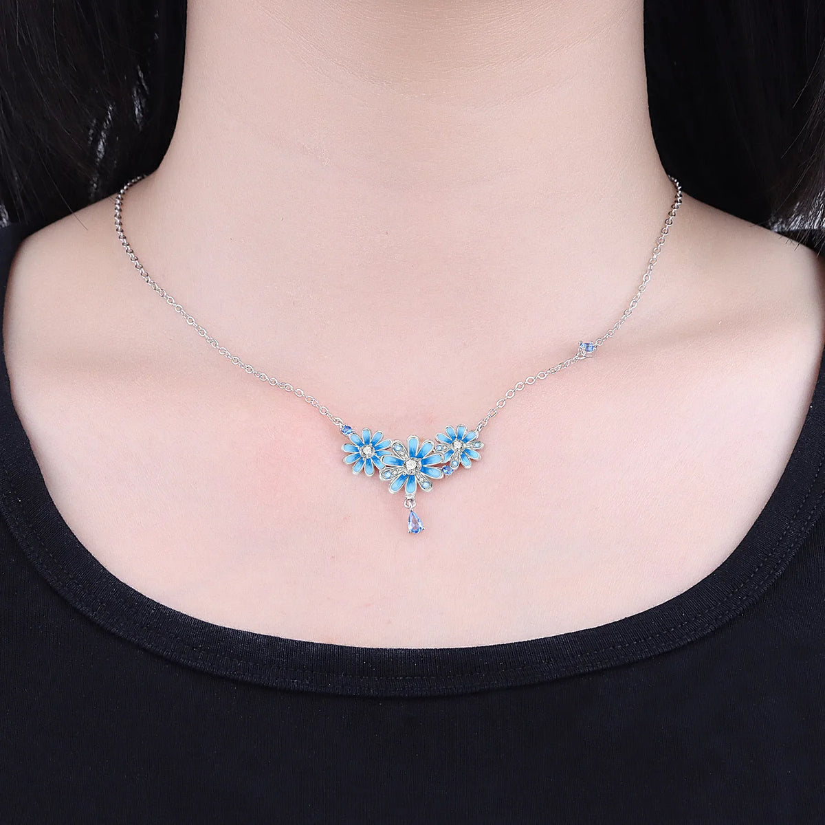 925 sterling silver blue daisy flower pendant necklace for women by HSF Marketplace