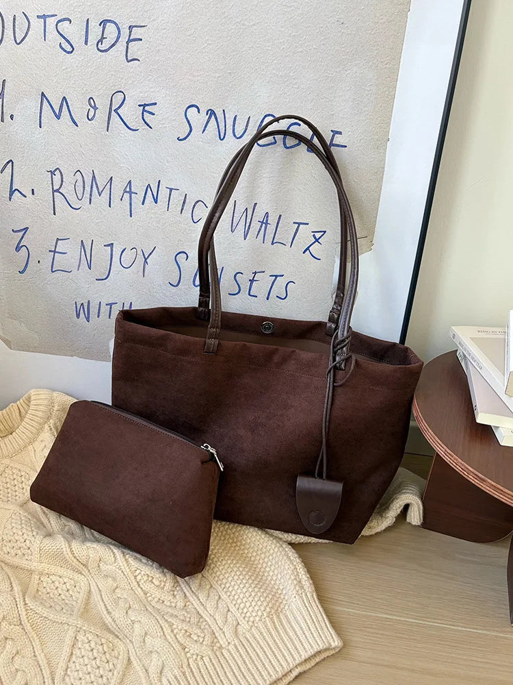 Large capacity faux suede handbag for women, stylish HSF Marketplace tote with spacious interior