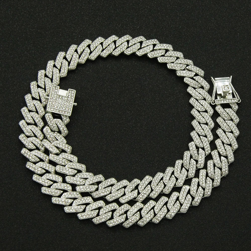 Men's Cuban Link Iced Out Necklace with rhinestones, 14MM width, HSF Marketplace jewelry, hip hop style chain with CZ accents