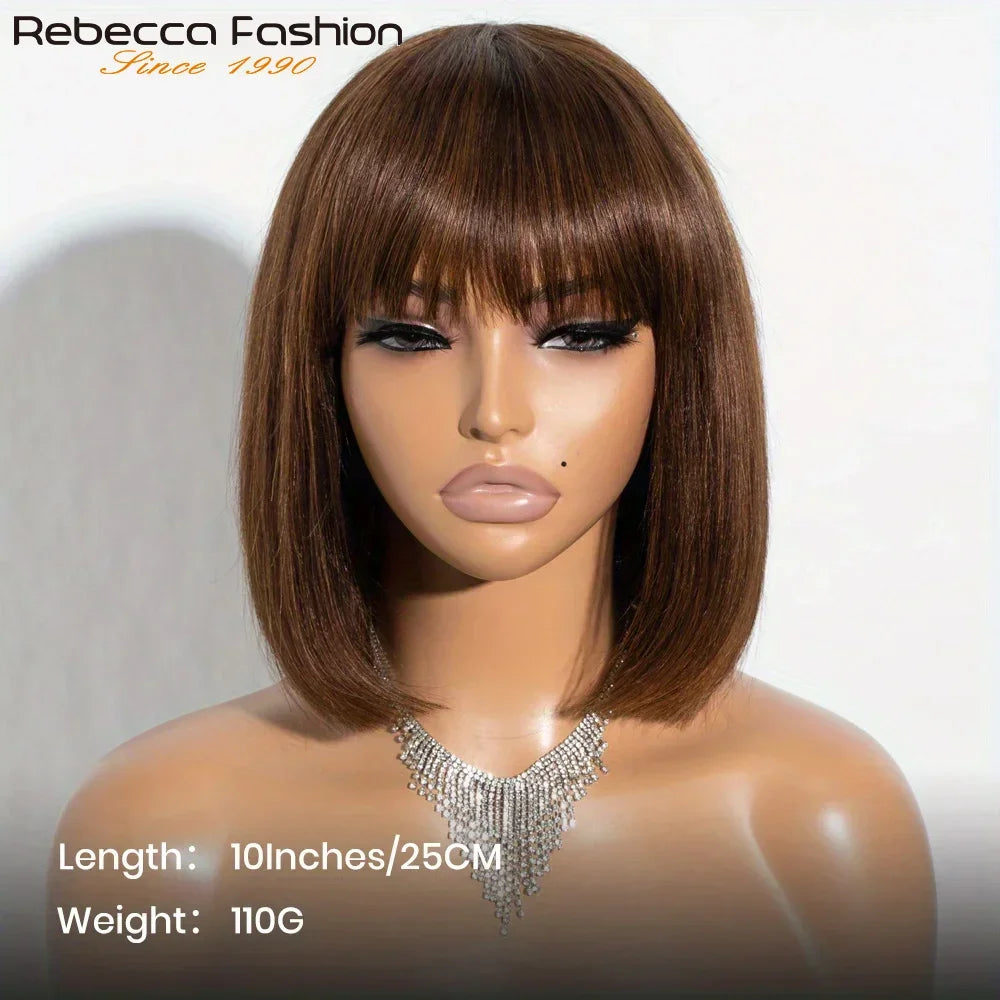 Rebecca ombre brown straight bob wig with bangs, human hair, full machine-made wig by HSF Marketplace, styled in a short, sleek look