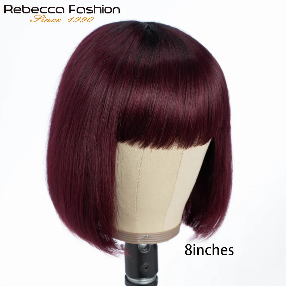 Rebecca short bob wig with bangs, Brazilian straight human hair in mixed color 1B/30, glueless machine-made wig