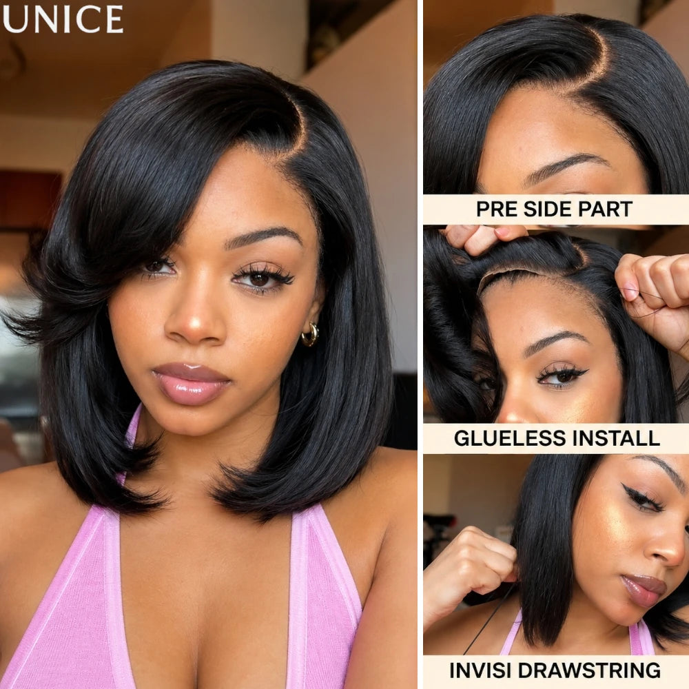 Layered bob human hair wig with side-swept bangs by HSF Marketplace
