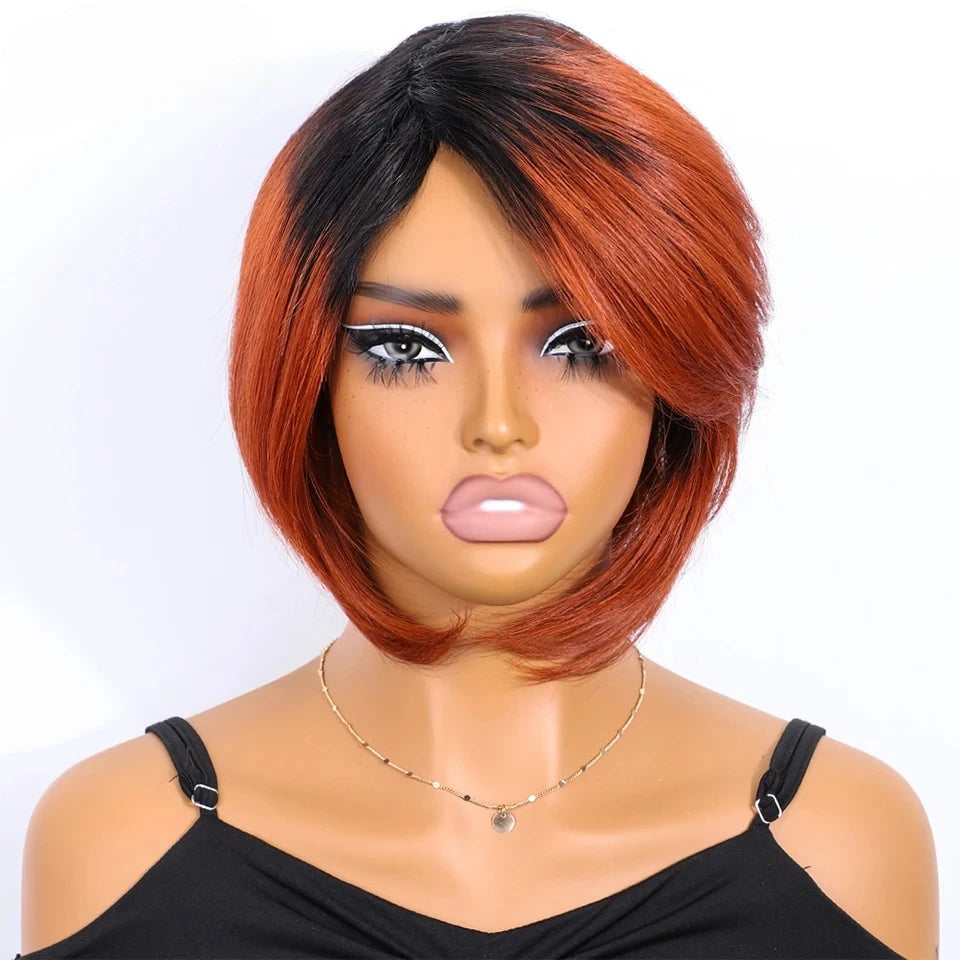 Rebecca Brazilian short straight bob wig with bangs, human hair, side part, full machine-made, designed for Black women.