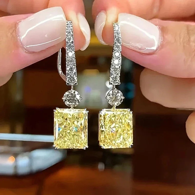 Yellow CZ dangle earrings for women, modern bridal jewelry by HSF Marketplace