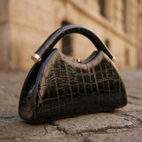 Half moon evening handbag for women, fashion PU leather clutch box bag with clip closure, ideal for weddings and parties.