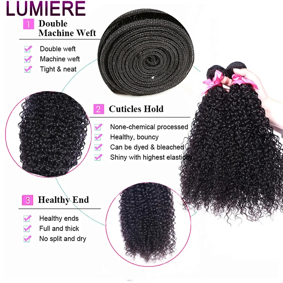 Afro Deep Kinky Curly Human Hair 3/4 Bundle with HD Transparent Lace Frontal Closure And Bundle Virgin Hair Weave Extension