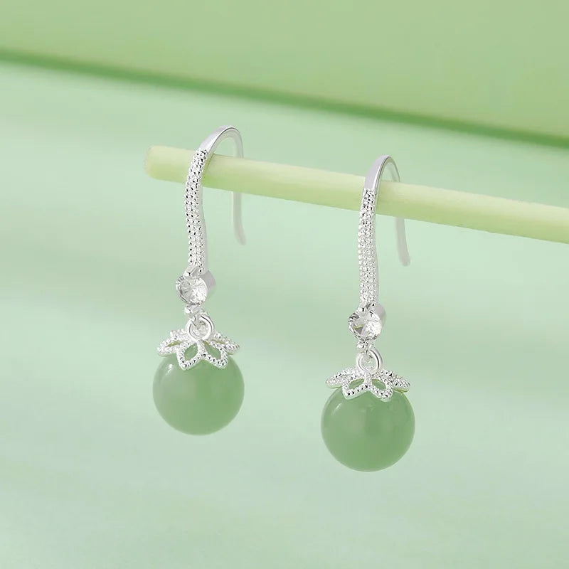 925 sterling silver jade drop earrings for women, elegant dangling jewelry with polished green jade stones