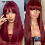 Bright burgundy straight human hair wig with bangs, featuring colored Brazilian Remy hair for women, ideal for cosplay or Halloween.