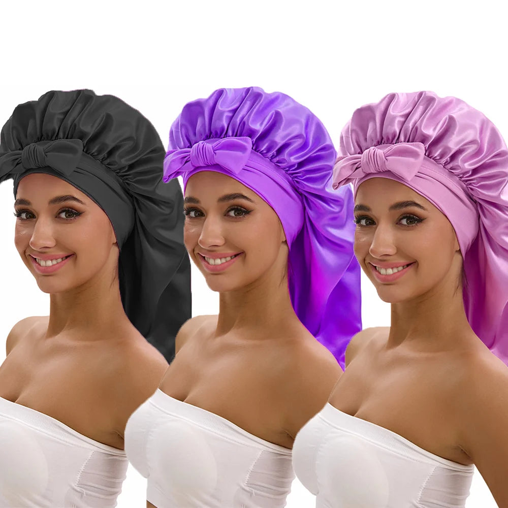 3-piece satin long bonnet set with wide brim and bow tie, hair styling accessories by HSF Marketplace