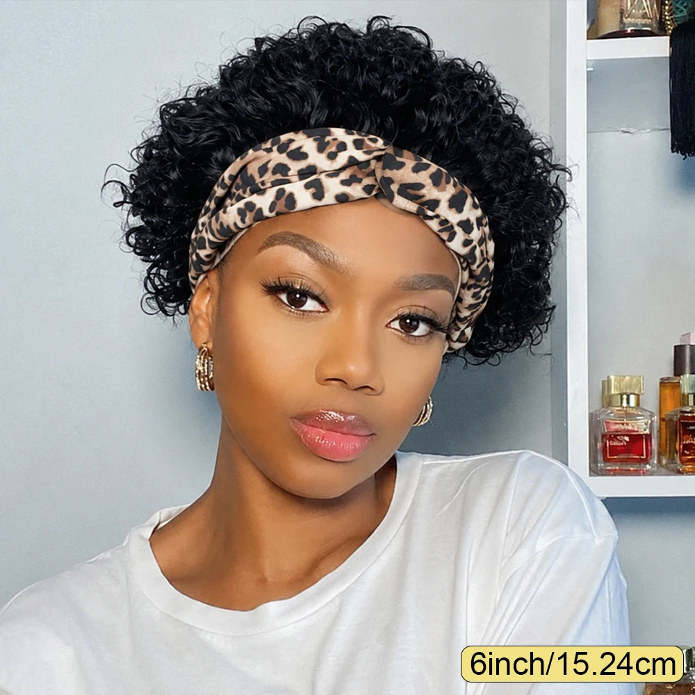 Jet black kinky curly human hair wig with leopard print twist headband, full machine-made afro style wig