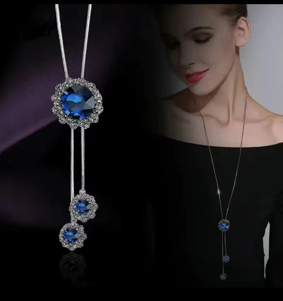 Geometric crystal pendant necklace for women, fashion long jewelry with pearls, stylish statement choker by HSF Marketplace