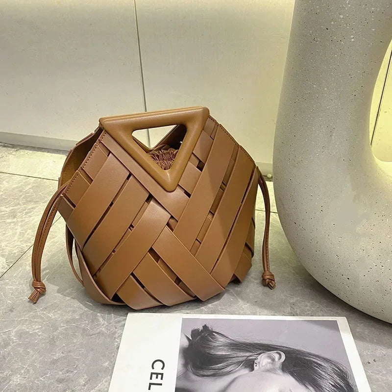 Trendy vegan leather woven tote bag for women with top handle, crossbody strap, stylish purse by HSF Marketplace.