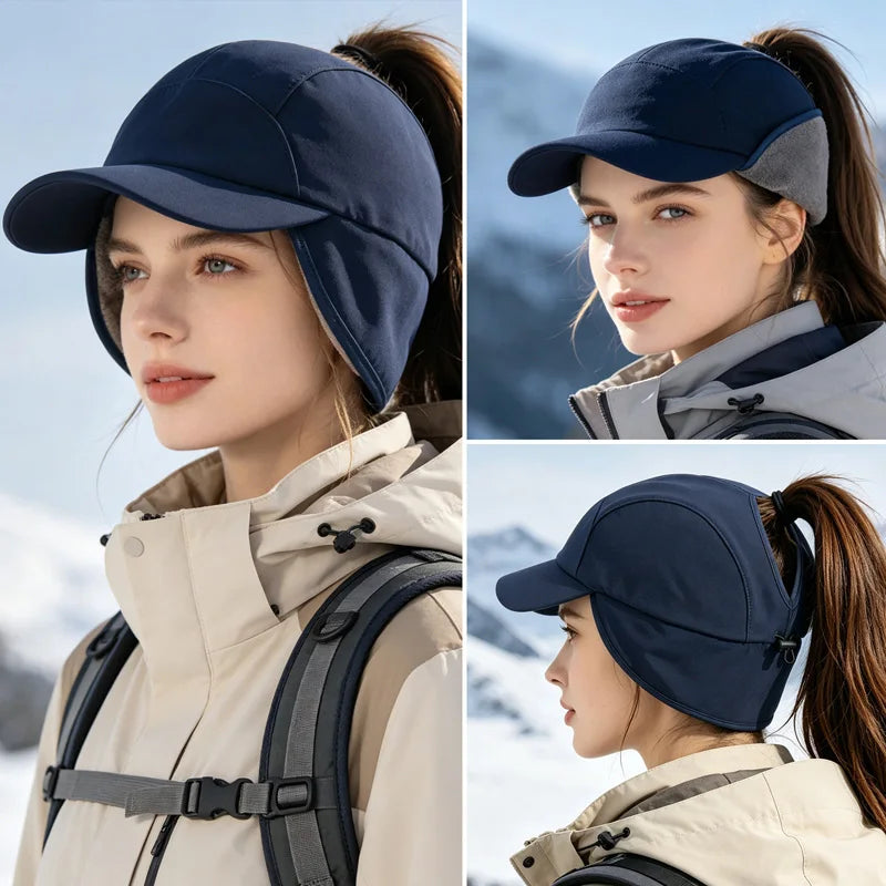 Women's winter baseball cap with ear flaps, ponytail opening, and fleece lining for running and hiking