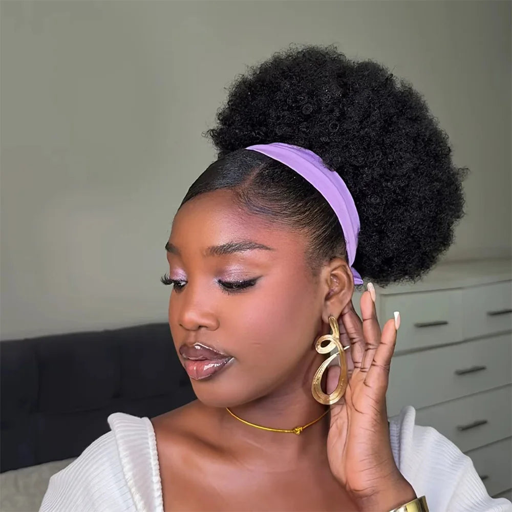 Brazilian kinky curly human hair afro puff drawstring ponytail bun by HSF Marketplace