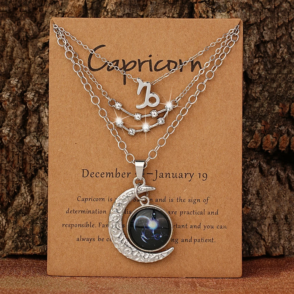Set of three Zodiac retro moon glow pendant necklaces with birthstone cards, perfect birthday gifts for friends or loved ones.