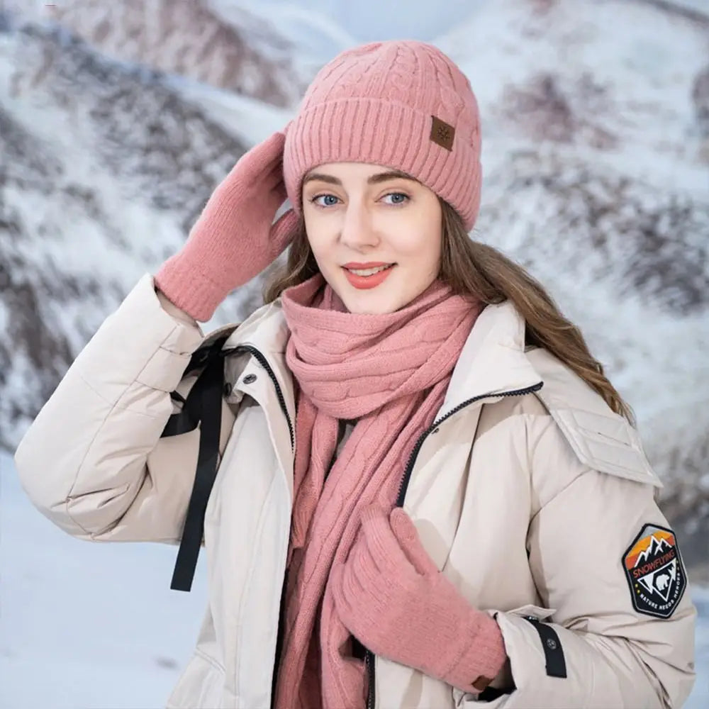 Warm 3-in-1 winter beanie hat, scarf, and gloves set in soft knit fabric by HSF Marketplace