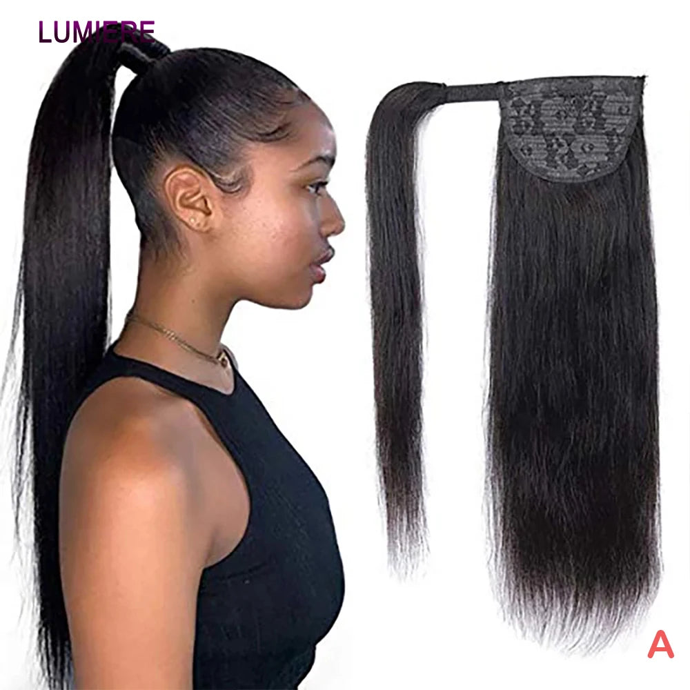 Bone straight wrap-around ponytail human hair extension in natural black.